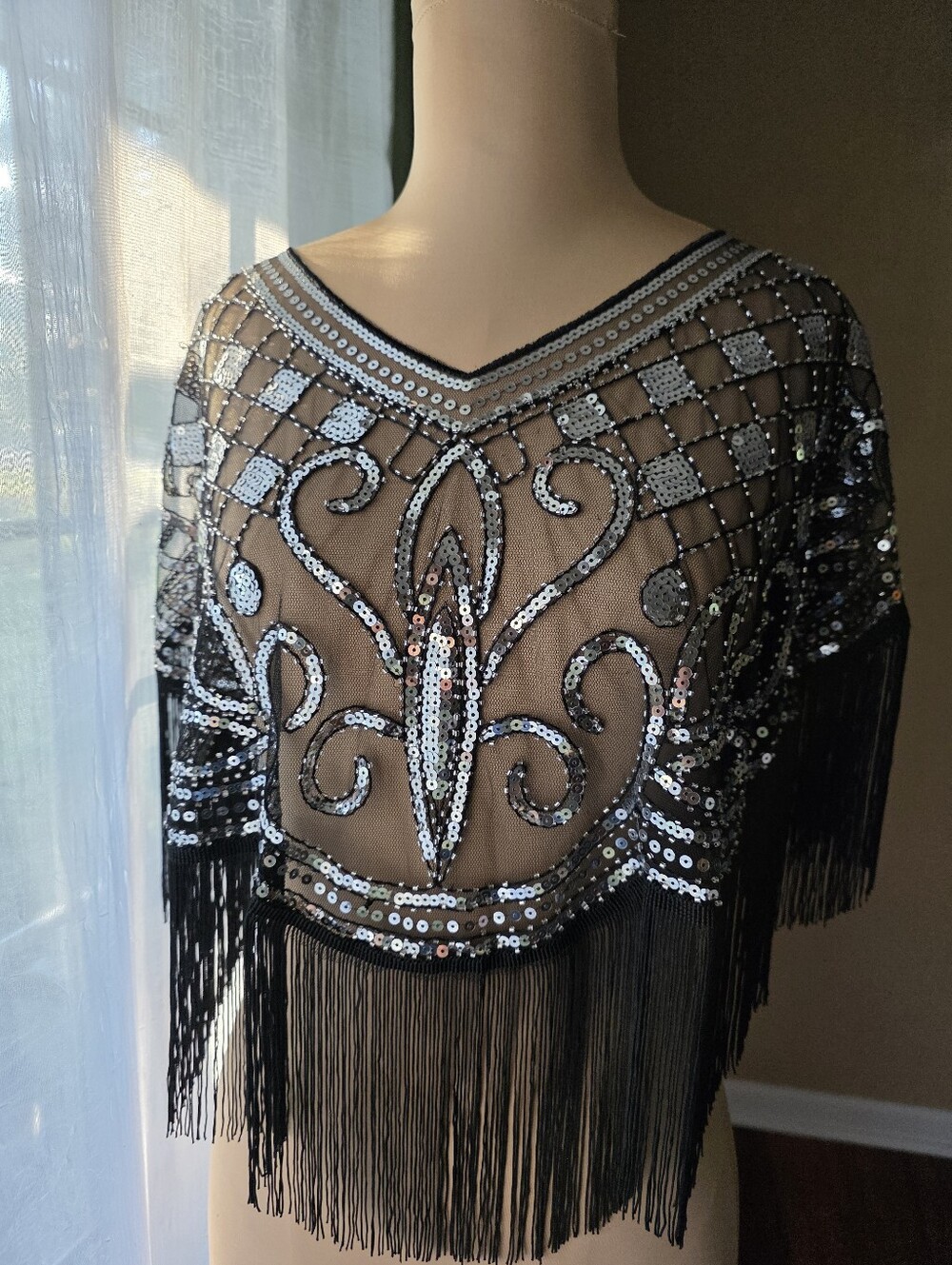 Art Deco Black Silver Sequin Beaded Fringe Cape Shawl Gatsby Flapper One Size
